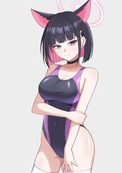 1girl absurdres animal_ears black_hair black_one-piece_swimsuit blue_archive breasts cat_ears colored_inner_hair competition_swimsuit covered_navel cow extra_ears halo highleg highleg_one-piece_swimsuit highres kazusa_(blue_archive) looking_at_viewer medium_breasts minaduki0707 multicolored_hair one-piece_swimsuit pink_hair pink_halo red_eyes short_hair solo swimsuit thighhighs two-tone_hair two-tone_swimsuit white_thighhighs