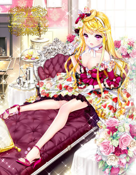 1girl :d baby's-breath bad_id bad_pixiv_id bare_legs bare_shoulders blackberry_(fruit) blonde_hair blueberry blush bouquet bow breasts cake cart character_name choker cinia_pacifica cleavage cocoon_(loveririn) coffee_pot couch cream cream_on_face cup cushion dress drill_hair eating eyelashes feet female_focus fireplace flower food food_on_face food_print fork frilled_choker frilled_dress frills fruit fruit_print full_body gloves hair_bow hair_flower hair_ornament hairband hat high_heel_sandals high_heels holding holding_fork holding_plate indoors lamp large_breasts layered_dress lolita_fashion long_hair looking_at_viewer macaron makeup mascara mini_hat no_socks off-shoulder_dress off_shoulder open_mouth open_shoes picture_frame pink_dress pink_eyes pink_flower pink_footwear pink_hat pink_rose plate print_dress purple_eyes red_flower red_footwear red_rose red_upholstery ringlets rose sandals shoe_dangle shoes sitting smile sparkle strawberry strawberry_print sunlight sweets swept_bangs sword_girls table tablecloth tassel tiered_serving_stand tiered_tray toes tray very_long_hair wallpaper_(object) white_bow white_flower white_gloves white_rose window