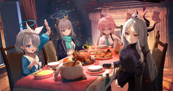 4girls absurdres ahoge animal_ears armband arona_(blue_archive) black_coat black_gloves black_halo blue_archive blue_eyes blue_hair breasts christmas coat coat_on_shoulders commentary_request demon_girl demon_horns food fork gloves grey_hair halo heterochromia highres hina_(blue_archive) holding holding_fork horns hoshino_(blue_archive) indoors long_hair looking_at_viewer manjie multiple_girls night pink_hair pink_halo purple_eyes red_armband shiroko_(blue_archive) sitting small_breasts table very_long_hair white_hair wolf_ears