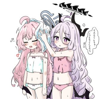 2girls ahoge black_halo blue_archive blush camisole closed_eyes commentary_request drying drying_another's_hair drying_hair e_v_e_neko grey_halo halo highres hina_(blue_archive) horns hoshino_(blue_archive) long_hair multiple_girls panties pink_hair purple_eyes simple_background speech_bubble translation_request underwear underwear_only white_background wings yuri