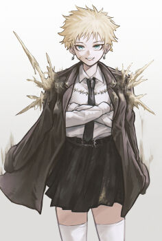 Rule 34 | 1girl, absurdres, aiv, aqua eyes, black necktie, black skirt, blonde hair, brown jacket, collared shirt, commentary request, cowboy shot, crossed arms, dirty, dirty face, earrings, highres, jacket, jacket on shoulders, jewelry, lips, long sleeves, mole, mole under mouth, necktie, original, shirt, short hair, simple background, skirt, smile, spikes, teeth, thighhighs, tomboy, very short hair, white background, white shirt, white thighhighs