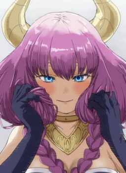 1girl aura_(sousou_no_frieren) bare_shoulders black_dress black_gloves blue_eyes blush braid breasts cleavage closed_mouth demon_girl demon_horns dress eyebrows_hidden_by_hair gloves gold_choker gold_necklace grey_background hands_in_own_hair horns jewelry large_breasts long_hair looking_at_viewer multiple_braids necklace purple_hair smile solo sousou_no_frieren torako_(toramaru)