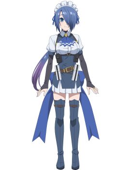 1girl anime_coloring aqua_eyes arms_at_sides back_bow belt black_bridal_gauntlets blue_boots blue_bow blue_hair blue_ribbon boots bow breasts bridal_gauntlets brown_belt clothing_request commentary english_commentary full_body gradient_hair hair_over_one_eye hair_ribbon highres kizoku_tensei:_megumareta_umare_kara_saikyou_no_chikara_wo_eru light_blush long_hair looking_at_viewer maid maid_headdress medium_breasts mixed-language_commentary multicolored_hair multilingual_commentary one_eye_covered ponytail puffy_short_sleeves puffy_sleeves ribbon short_sleeves smile solo split_mouth standing tachi-e thigh_belt thigh_boots thigh_strap thighhighs transparent_background zettai_ryouiki zoey_(kizoku_tensei)