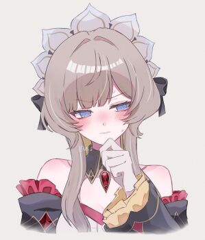 1girl 62s_f @_@ bare_shoulders black_bow black_collar blue_eyes blush bow brown_hair closed_mouth collar commentary_request detached_collar detached_sleeves dress frilled_sleeves frills gem genshin_impact gloves grey_background hair_bow hand_on_own_chin headdress highres long_sleeves red_gemstone sandrone_(genshin_impact) short_hair_with_long_locks simple_background solo sweatdrop twitter_username upper_body white_gloves white_headdress