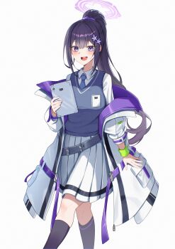 Rule 34 | 1girl, :d, absurdres, alternate costume, black jacket, black skirt, black socks, blue archive, blue necktie, blue sweater vest, blush, collared shirt, commentary, commission, feet out of frame, flower hairpin, hair ornament, halo, high ponytail, highres, holding, holding tablet pc, jacket, jinggun, long hair, long sleeves, looking at viewer, multicolored jacket, multicolored skirt, necktie, off shoulder, open clothes, open jacket, open mouth, pleated skirt, ponytail, purple eyes, purple hair, purple halo, purple jacket, shirt, simple background, skirt, smile, socks, solo, standing, sumire (blue archive), sweater vest, tablet pc, teeth, two-tone skirt, upper teeth only, white background, white jacket, white shirt, white skirt, white socks