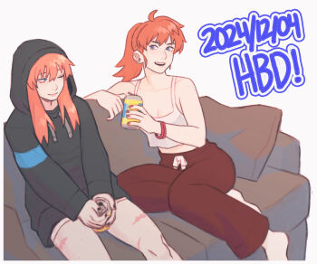 2024 2girls barefoot black_hoodie blue_eyes bracelet breasts can couch dated december drink_can dual_persona freckles happy_birthday hood hoodie jbbetz jewelry long_hair multiple_girls neon_genesis_evangelion orange_hair pants rebuild_of_evangelion scar smile soda_can souryuu_asuka_langley sweatpants tank_top white_tank_top