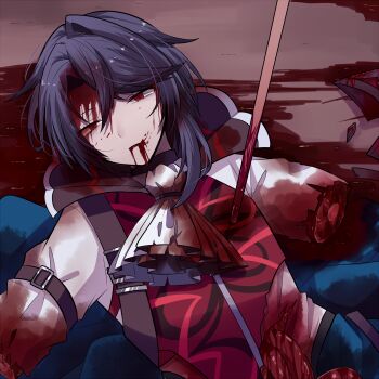 1boy alcryst_(fire_emblem) amputation amputee artist_request blood blood_drip blood_from_mouth blood_on_clothes death defeat disembodied_arm empty_eyes fire_emblem fire_emblem_engage guro highres intestines lying male_gore nintendo purple_hair red_eyes ryona skewer solo solo_focus