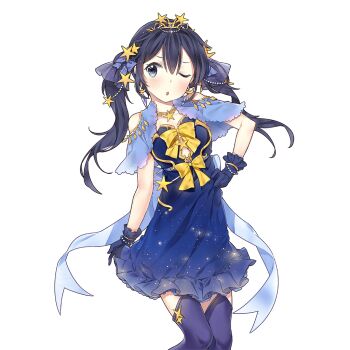 1girl aqua_eyes blue_dress blue_gloves blue_hair blue_thighhighs bow bowtie chestnut_mouth crescent crescent_earrings dress earrings gloves gold_tiara hair_ornament jewelry long_hair necklace off-shoulder_dress off_shoulder one_eye_closed rena_(uchihime) star_(symbol) star_hair_ornament star_necklace thighhighs twintails uchi_no_hime-sama_ga_ichiban_kawaii yellow_bow yellow_bowtie