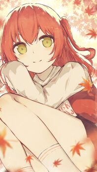 1girl absurdres autumn autumn_leaves bocchi_the_rock! close-up falling_leaves hair_between_eyes highres jacket kita_ikuyo leaf leg_focus long_hair long_sleeves looking_at_viewer maple_leaf nature one_side_up outdoors oversized_clothes red_hair reizouko shirt smile solo thigh_focus thighs yellow_eyes