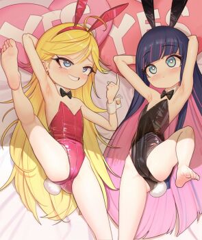 2girls aged_down animal_ears armpits arms_behind_head bare_shoulders barefoot black_bow black_bowtie black_leotard blonde_hair blue_borscht blue_eyes blue_hair blush bow bowtie breasts closed_mouth collar detached_collar expressionless fake_animal_ears fake_tail feet female_focus flat_chest grin head_on_pillow heart heart-shaped_pillow leg_lift leg_up leotard loli long_hair looking_afar looking_up lying multicolored_hair multiple_girls naughty_face no_nose on_back on_bed panty_&amp;_stocking_with_garterbelt panty_(psg) pillow pink_hair pink_leotard playboy_bunny pointing rabbit_ears rabbit_tail siblings sisters small_breasts smile spread_legs stocking_(psg) tail teeth two-tone_hair very_long_hair white_collar white_wrist_cuffs wrist_cuffs