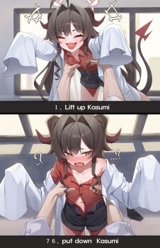 1boy 1girl 2koma ? absurdres ahoge arms_up averting_eyes blue_archive blush breasts carrying cleavage clothing_aside collarbone collared_shirt comic demon_tail fang hair_intakes halo highres horns implied_sex kasumi_(blue_archive) lab_coat lifting_person loli long_hair navel off_shoulder open_mouth oversized_clothes panties panties_aside pov red_shirt shirt shirt_tucked_in shorts skin_fang sleeves_past_wrists small_breasts smile solo_focus tail um_111 unbuttoned unbuttoned_pants unbuttoned_shirt underwear yellow_eyes