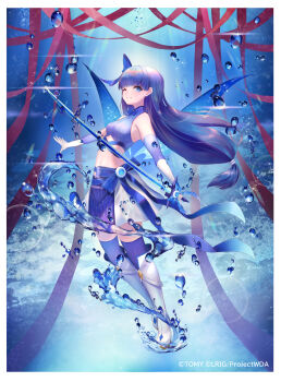1girl blue_eyes blue_hair blue_skirt blue_thighhighs boots border closed_mouth copyright_notice dqn_(dqnww) elbow_gloves fairy_wings gloves highres holding holding_sword holding_weapon long_hair looking_at_viewer official_art one_eye_closed ponytail sakigake_rei skirt smile solo sword thighhighs weapon white_boots white_border white_gloves wings wixoss