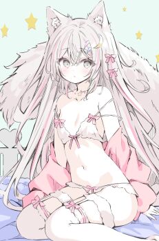 1girl animal_ear_fluff animal_ears bow bow_panties bra brown_eyes brown_hair clothes_down commentary dawa_(wasa500) double-parted_bangs garter_straps hair_between_eyes hair_bow hair_ornament highres jacket legwear_garter long_hair looking_at_viewer multicolored_hair navel original over-kneehighs panties pink_bow pink_jacket pink_nails pink_streaks sitting socks solo streaked_hair tail thighhighs underwear very_long_hair white_bra white_panties white_socks yokozuwari