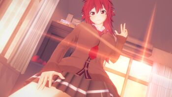 1girl 3d :3 artist_request breasts classroom demon_girl highres itadaki!_seieki looking_at_viewer medium_breasts pointy_ears red_eyes red_hair school_uniform setogaya_mari smile solo sunset v