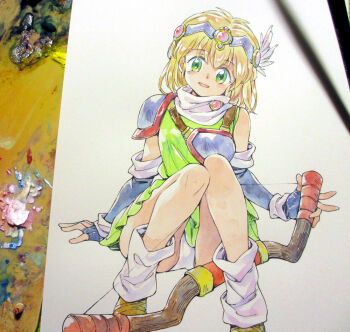 1girl agahari armor art_brush art_tools_in_frame black_gloves blonde_hair bow_(weapon) brown_shoes circlet commentary_request dress elbow_gloves fanna_(villgust) fingerless_gloves full_body gloves green_dress green_eyes head_tilt kouryuu_densetsu_villgust loose_socks medium_hair paintbrush painting_(medium) panties pantyshot parted_lips photo_(medium) shoes shoulder_armor sitting sleeveless sleeveless_dress smile socks solo traditional_media underwear weapon white_panties white_socks