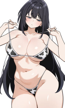 1girl absurdres animal_print arms_up bare_arms bare_shoulders bikini black_hair blue_eyes blush breasts cleavage closed_mouth collarbone commentary_request cow_print cow_print_bikini cowboy_shot groin half-closed_eyes highres korean_commentary large_breasts lifting_own_clothes long_hair looking_at_viewer micro_bikini navel original print_bikini raised_eyebrows simple_background siribang1215 solo strap_lift swimsuit very_long_hair white_background