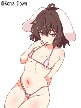 1girl :p absurdres animal_ears bikini breasts brown_hair highres inaba_tewi korra_down micro_bikini navel petite pink_bikini rabbit_ears rabbit_girl red_eyes simple_background small_breasts solo stomach swimsuit tongue tongue_out touhou white_background