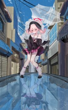 1girl absurdres beret black_choker black_hat black_shirt black_shoes black_wings blue_archive blue_sky blush choker closed_mouth clothes_lift cloud collarbone covering_crotch covering_privates cumulonimbus_cloud day feathered_wings floating_hair full_body furrowed_brow halo hashtag-only_commentary hat head_wings highres holding holding_umbrella hyurumari kneehighs knees_together_feet_apart koharu_(blue_archive) loafers loose_socks low_wings medium_hair miniskirt motion_blur neckerchief nose_blush outdoors panties pantyshot perspective pink_eyes pink_hair pink_neckerchief pink_skirt pleated_skirt puddle rain red_halo reflection reflective_liquid ripples sailor_collar school_uniform serafuku shirt shoes single_bare_shoulder skirt skirt_lift sky sleeves_past_wrists smile socks solo standing striped_clothes striped_panties transparent transparent_umbrella twintails umbrella underwear white_sailor_collar white_socks wind wind_lift wings