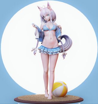 1girl 3d ahoge animal_ear_fluff animal_ears ball bare_shoulders barefoot beachball bikini braid breasts chikb ckb derivative_work fox_ears fox_girl fox_tail head_tilt highres hololive hololive_gamers long_braid long_hair looking_at_viewer medium_breasts midriff navel shirakami_fubuki shirakami_fubuki_(hololive_summer_2019) simple_background solo standing swimsuit tail undressing very_long_hair virtual_youtuber white_hair white_tail