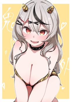 Rule 34 | 1girl, animal print, black collar, black streaks, breasts, cleavage, collar, commentary request, cosplay, fang, grey hair, hair ornament, hairpin, highres, hololive, large breasts, long hair, looking at viewer, lum, lum (cosplay), multicolored hair, oni costume, open mouth, red eyes, sakamata chloe, sidelocks, skin fang, smile, solo, streaked hair, tiger print, urusei yatsura, virtual youtuber, x hair ornament, yamaki (yamaki801)