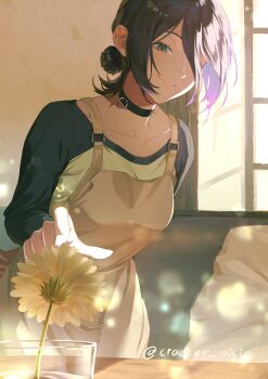 1girl absurdres apron black_hair black_shirt chainsaw_man choker commentary_request flower green_eyes hair_bun highres leaning_forward long_sleeves reze_(chainsaw_man) shirt smile solo sunlight window yoshiyoshiwa