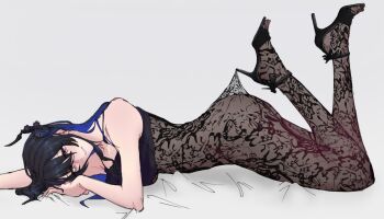 1girl arm_out_of_frame asymmetrical_horns black_hair black_horns black_shoes blue_hair bodysuit breasts high_heels highres hololive hololive_english horns large_breasts long_hair lying multicolored_hair nerissa_ravencroft red_eyes shoes spaceyur1 thighhighs virtual_youtuber