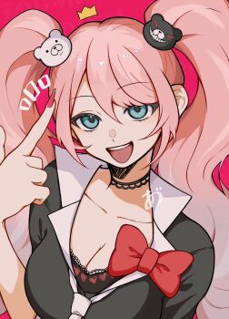 1girl :d azu_(tea_00_3) bear_hair_ornament black_choker black_shirt blue_eyes bow breasts choker cleavage danganronpa_(series) enoshima_junko hair_ornament hand_up highres index_finger_raised large_breasts long_hair necktie open_mouth pink_hair red_background red_bow red_nails shirt smile solo twintails upper_body white_necktie