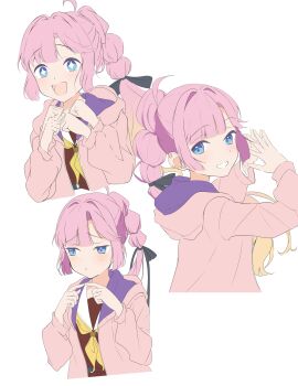 +_+ 1girl :d absurdres afterimage ahoge anyoji_hime black_ribbon blonde_hair blue_eyes blush brown_dress clenched_hands closed_mouth commentary dress gradient_hair grin hair_ribbon hasu_no_sora_school_uniform highres hood hooded_jacket index_fingers_together jacket link!_like!_love_live! long_sleeves love_live! morio_(mmorio_mu) multi-tied_hair multicolored_hair multiple_views neckerchief open_clothes open_jacket open_mouth own_hands_together pink_hair pink_jacket ponytail raised_inner_eyebrows ribbon sailor_collar sailor_dress school_uniform smile steepled_fingers sweatdrop virtual_youtuber white_sailor_collar winter_uniform yellow_neckerchief