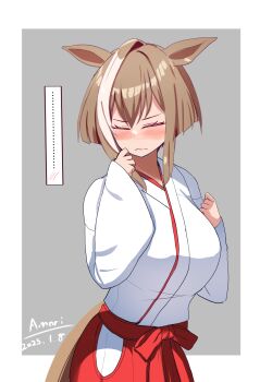 ... 1girl a.nori alternate_costume animal_ears artist_name blue_eyes blue_hair blush breasts brown_hair cheval_grand_(umamusume) closed_eyes closed_mouth commentary_request dated hair_between_eyes hair_ornament highres horse_ears horse_girl japanese_clothes miko open_mouth simple_background solo translation_request umamusume