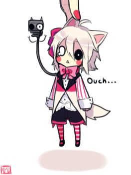 1girl animal_ears bad_id bad_tumblr_id black_shorts bow bowtie commentary crying english_commentary five_nights_at_freddy&#039;s five_nights_at_freddy&#039;s_2 fox_ears fox_tail full_body hair_bow jacket long_sleeves lulu-999 mangle mini_person minigirl missing_eye open_mouth pink_bow short_hair shorts sidelocks solo tail white_bow white_bowtie white_hair white_jacket