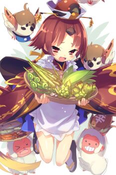 1girl apron basket beni-enma beni-enma_(first_ascension) bird bird_hat blush breasts brown_hat echo_(circa) fate/grand_order fate_(series) feather_trim food hat japanese_clothes kimono long_hair long_sleeves looking_at_viewer low_ponytail monkey open_mouth parted_bangs ponytail red_eyes red_hair red_kimono small_breasts smile sparrow thighs vegetable very_long_hair white_apron wide_sleeves