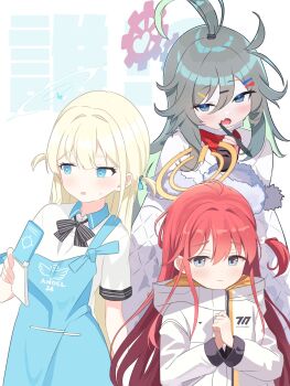 3girls absurdres alternate_hairstyle antenna_hair apron aventador black_bow black_bowtie blonde_hair blue_apron blue_archive blue_eyes bow bowtie cellphone coat commentary_request flip_phone fur-trimmed_coat fur_trim grey_eyes grey_hair hair_between_eyes hair_down hair_ornament hair_ribbon hairclip halo highres holding holding_pen holding_phone long_hair looking_afar looking_at_viewer meru_(blue_archive) multiple_girls one_side_up part_time_job pen phone red_hair ribbon school_uniform serafuku sidelocks simple_background sora_(blue_archive) store_clerk sweatdrop two_side_up white_background white_coat winter_clothes winter_coat yuzu_(blue_archive)