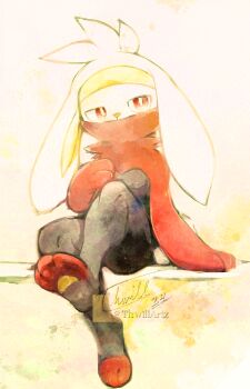 1girl animal_feet animal_nose arm_at_side artist_name black_fur body_fur breasts bright_pupils covered_mouth dated feet female_focus full_body furry furry_female gen_8_pokemon hand_on_own_chest hand_up headband highres leg_up long_animal_ears looking_at_viewer multicolored_fur nintendo pokemon pokemon_(creature) rabbit_ears rabbit_girl raboot red_eyes red_fur signature simple_background sitting small_breasts soles solo thwillartz toes twitter_username white_background white_fur white_pupils yellow_headband