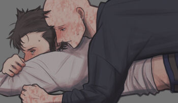 2boys bald beard belt black_shirt blush brown_hair commentary_request deadpool deadpool_&amp;_wolverine deadpool_(series) doghooouse facial_hair full-face_blush green_eyes highres looking_at_another lying lying_on_person male_focus marvel marvel multiple_boys muscular on_stomach pants parted_lips scar scars_all_over shirt short_hair sweatdrop tears too_many wolverine_(x-men) x-men yaoi