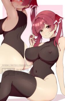 1girl ass bare_shoulders black_leotard black_thighhighs blush border breasts commentary covered_erect_nipples covered_navel fishnet_leotard fishnet_thighhighs fishnets from_behind heart heart-shaped_pupils heterochromia highres hololive houshou_marine large_breasts leotard multiple_views peach-cup pink_background red_eyes red_hair simple_background sitting smile symbol-shaped_pupils thighhighs twintails virtual_youtuber watermark white_border yellow_eyes