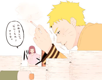 1boy 1girl black_hair blonde_hair blue_eyes bob_cut boruto:_naruto_next_generations cigarette closed_eyes commentary_request holding holding_cigarette hood hoodie husband_and_wife hyuuga_hinata naruto_(series) paper_stack purple_hoodie scroll smoke smoking sweat toco_(love-hmhm-tocotoco) translation_request uzumaki_naruto
