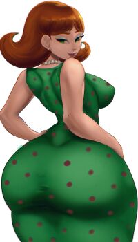 1girl alternate_ass_size ass ass_focus bare_arms bare_shoulders breasts brown_hair chromatic_aberration cowboy_shot curvy dress eyeshadow flipped_hair from_behind green_dress green_eyes half-closed_eyes highres huge_ass jewelry jimmy_neutron jimmy_neutron_(series) jimmy_neutron_boy_genius judith_neutron judy_neutron large_breasts looking_at_viewer looking_back makeup mature_female narrow_waist necklace nickelodeon noblood_(ryandomonica) parted_bangs pearl_necklace polka_dot polka_dot_dress seductive_smile simple_background sleeveless sleeveless_dress smile standing taut_clothes taut_dress thick_thighs thighs tight_clothes tight_dress twisted_neck white_background