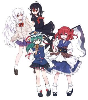 Rule 34 | 4girls, :d, :p, absurdres, black hair, black sandals, black sash, black shoes, blue dress, blue vest, bobby socks, bow, bowtie, brown shoes, closed mouth, collared shirt, commentary, double-parted bangs, dress, feathered wings, frilled dress, frills, full body, green eyes, green hair, grey jacket, hair between eyes, hair bobbles, hair ornament, highres, holding, holding scythe, houjuu nue, jacket, kishin sagume, long hair, long sleeves, miniskirt, multicolored hair, multiple girls, obi, okobo, onozuka komachi, open mouth, platform sandals, pleated skirt, purple skirt, red bow, red bowtie, red eyes, red hair, red streaks, sandals, sash, scythe, shiki eiki, shirt, shoes, short hair, short sleeves, simple background, single wing, skirt, smile, socks, soooooook2, standing, streaked hair, tabi, tongue, tongue out, touhou, two side up, v-shaped eyebrows, vest, white background, white hair, white shirt, white socks, white streaks, white wings, wings