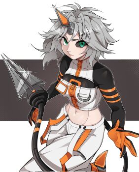 Rule 34 | 1girl, black sclera, black shirt, breasts, closed mouth, colored sclera, commentary, commission, cowboy shot, english commentary, green eyes, grey hair, highres, horns, looking at viewer, medium breasts, midriff, mismatched sclera, navel, nose, oninuer, original, pants, shirt, short hair, single horn, solo, tail, two-tone shirt, white pants, white shirt, zipper, zipper pull tab