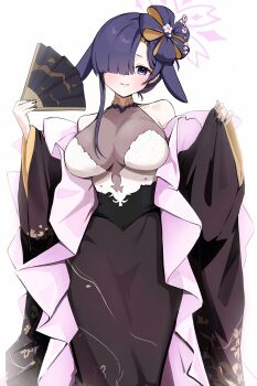 1girl absurdres animal_ears bare_shoulders blue_archive breasts commentary_request droopy_ears ears_down floppy_ears flower-shaped_hair flower_dress hair_over_one_eye halo ham_(hamparty) hand_over_eye highres kimono_dress large_breasts looking_at_viewer lop_rabbit_ears official_alternate_costume official_alternate_hairstyle purple_eyes purple_hair purple_halo rabbit_ears rabbit_girl see-through_cleavage see-through_clothes tsukuyo_(blue_archive) tsukuyo_(dress)_(blue_archive)