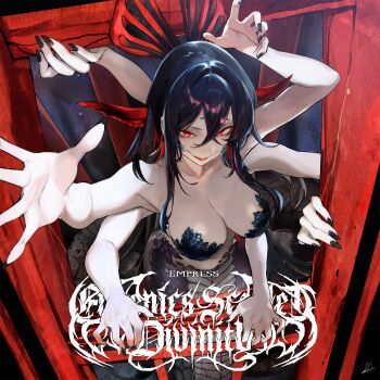 1girl album_cover album_name arms_up black_hair black_nails black_scales breasts closed_eyes cover earrings extra_arms hair_between_eyes hair_intakes highres jewelry lamia large_breasts long_hair looking_at_viewer monster_girl multicolored_hair nail_polish original parted_lips reaching reaching_towards_viewer red_eyes red_hair rib:y(uhki) scales smile snake_girl solo streaked_hair torii very_long_hair