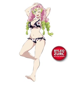 1girl barefoot bra breasts feet green_eyes green_hair kanroji_mitsuri kimetsu_no_yaiba leozurcxxx mole multicolored_hair open_mouth panties pink_hair solo swimsuit underwear