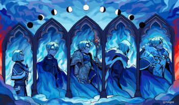 areadbhar_(fire_emblem) arm_up armor belt_buckle blue_theme breastplate buckle cape capelet chest_belt closed_mouth commentary crescent_moon dagger dimitri_alexandre_blaiddyd dimitri_alexandre_blaiddyd_(king_of_faerghus) english_commentary eyepatch fire_emblem fire_emblem:_three_houses fire_emblem_warriors:_three_hopes full_moon fur-trimmed_cape fur-trimmed_capelet fur_trim garreg_mach_monastery_uniform hair_behind_ear highres holding holding_dagger holding_knife holding_polearm holding_weapon kinigoni knife looking_ahead looking_at_viewer male_focus moon motoyui nintendo official_alternate_costume official_alternate_hairstyle one_eye_covered ornate_weapon pauldrons polearm ponytail profile school_uniform sequential short_ponytail shoulder_armor smile sword v-shaped_eyebrows weapon