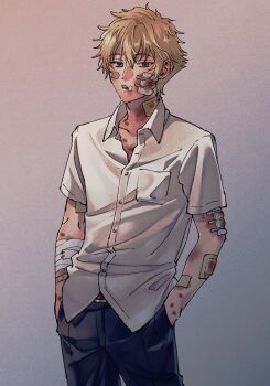 1boy :o bandaged_arm bandages bandaid bandaid_on_arm bandaid_on_cheek bandaid_on_face bandaid_on_neck belt belt_buckle black_pants blonde_hair blood bloody_bandages blue_eyes breast_pocket brown_belt bruise bruise_on_arm bruise_on_face bruise_on_neck buckle choppy_bangs cigarette_burn collarbone collared_shirt commentary_request cowboy_shot dress_pants film_grain gauze gauze_on_arm gauze_on_cheek grey_background hair_between_eyes hands_in_pockets highres injury looking_at_viewer male_focus omanjumaturi1 oshitari_ken'ya pants partially_unbuttoned pocket raised_eyebrows reverse_ryona school_uniform shirt short_hair short_sleeves sideways_glance solo teeth tennis_no_ouji-sama upper_teeth_only white_shirt