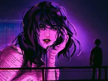 Rule 34 | 1boy, 1girl, aegyo sal, black hair, blade runner (series), blade runner 2049, grin, half-closed eyes, han sooyoung, hand on own face, kim dokja, lollipop in mouth, looking at another, mini person, miniboy, mole, mole under eye, oldest dream, omniscient reader's viewpoint, print skin, red lips, short hair, silhouette, size difference, smile, standing, wei inn