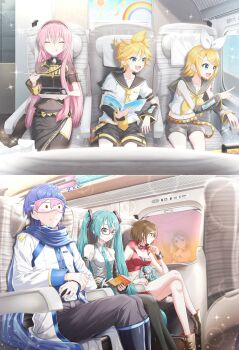 2boys 4girls aqua_eyes aqua_hair aqua_necktie arm_tattoo bento bespectacled black_pants black_shorts black_thighhighs blonde_hair blue_hair blue_nails blue_scarf book boots breasts brown_boots brown_eyes brown_hair chopsticks closed_eyes closed_mouth collarbone commentary_request crossed_legs detached_sleeves fingernails flat_chest glasses grey_shirt hair_between_eyes hair_ribbon hatsune_miku highres holding holding_bento holding_book holding_chopsticks itogari kagamine_len kagamine_rin kaito_(vocaloid) long_hair long_sleeves medium_breasts megurine_luka meiko_(vocaloid) midriff multiple_boys multiple_girls nail_polish navel necktie number_tattoo open_mouth pants pink_hair puffy_short_sleeves puffy_sleeves rainbow reading red-framed_eyewear red_nails red_shirt ribbon scarf see-through_clothes see-through_shirt shirt short_shorts short_sleeves shorts siblings sitting sleep_mask sleeveless sleeveless_shirt stomach tattoo thighhighs tongue tongue_out twins very_long_hair vocaloid wide_sleeves yellow_trim zzz