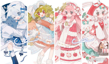 4girls :3 :d ;d absurdres bag bagged_fish bai_xiong_nailaojuan blue_boots blue_dress blue_eyes blue_hair blush blush_stickers boots candy_apple checkered_clothes checkered_kimono closed_mouth collared_shirt double-parted_bangs dress fang feet_out_of_frame fish food frilled_dress frilled_hairband frills green_hair green_skirt hair_between_eyes hairband headscarf highres holding holding_candy_apple holding_food japanese_clothes kimono lace-up_boots long_hair long_sleeves looking_at_viewer multiple_girls one_eye_closed open_mouth original pink_hair red_eyes red_hairband red_headscarf red_kimono red_vest shirt short_hair skin_fang skirt smile socks standing stuffed_animal stuffed_toy teddy_bear vest white_background white_boots white_hair white_shirt white_socks wide_sleeves