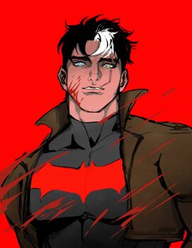 1boy bat_signal batman_(series) batman_symbol black_bodysuit black_hair blood blood_on_face bodysuit brown_jacket chobkkk dc_comics green_eyes grey_bodysuit highres jacket jason_todd male_focus multicolored_bodysuit muscular muscular_male open_clothes red_hood_(dc) red_hood_and_the_outlaws short_hair superhero_costume taut_bodysuit two-tone_bodysuit