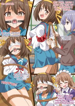 Rule 34 | 3girls, apron, armband, arms behind back, asahina mikuru, ass, bdsm, black jacket, black sweater, blindfold, blue sailor collar, blue skirt, blush, bondage, bound, bound arms, bound legs, bound thighs, bound torso, breasts, brown hair, collarbone, collared shirt, drooling, embarrassed, english text, female focus, gag, gagged, grey eyes, hair ornament, hair ribbon, highres, indoors, jacket, kita high school uniform, long hair, long sleeves, looking at viewer, looking back, looking to the side, lying, maid, maid apron, maid headdress, medium breasts, medium hair, multiple girls, multiple views, nagato yuki, neck ribbon, nervous, on back, on floor, open mouth, perky breasts, pleated skirt, purple hair, red armband, red ribbon, ribbon, ring gag, rope, sailor collar, saliva, saliva trail, school uniform, shibari, shibari over clothes, shimouki izui, shirt, sidelocks, skirt, small breasts, speech bubble, suzumiya haruhi, suzumiya haruhi no yuuutsu, sweat, sweatdrop, sweater, teeth, thighs, tongue, uvula, white shirt, window, wooden floor, yellow eyes, yellow ribbon