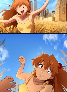 1boy 1girl 9/11 absurdres blue_eyes blush breasts brown_hair city clothes_lift constricted_pupils crazy_eyes dress facing_another facing_viewer femdom happy heart hetero highres incoming_attack incoming_punch interface_headset_(evangelion) khyle. long_hair meme neon_genesis_evangelion outdoors pov pun punching serious small_breasts souryuu_asuka_langley sundress surprised two_side_up underwear wind yellow_dress